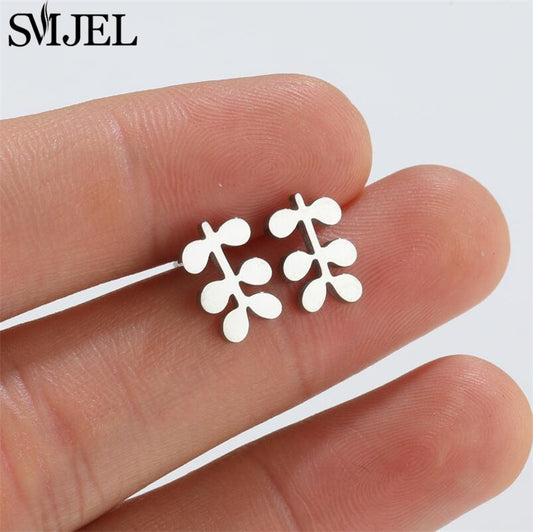 Leaf Branch Stainless Steel Earrings Women Jewelry Small Studs Gifts Earring