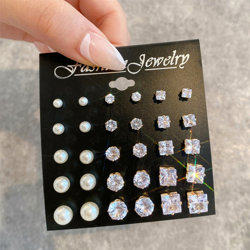 15 Pairs Pearl Round Square Stud Earrings Women Gifts Earring Cute Girls Eardrop