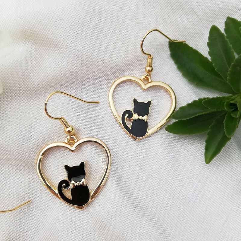 Cat in Heart Drop Earrings Women Party Wedding Jewelry Creative Gifts Earrings