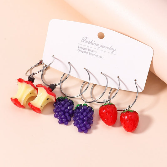 3 Pairs Grape Strawberry Dangle Earrings for Girls Women Birthday Gift Lovely