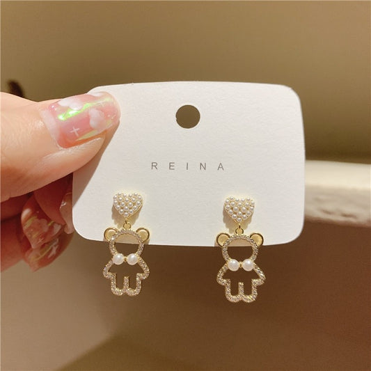 Pearl Bear Earrings Stud Women Girls Fashion Cute Accessory Jewelry