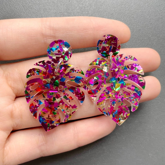 Shinning Rose Glitter Monstera Deliciosa Leaf Dangle Earrings for Girls Women