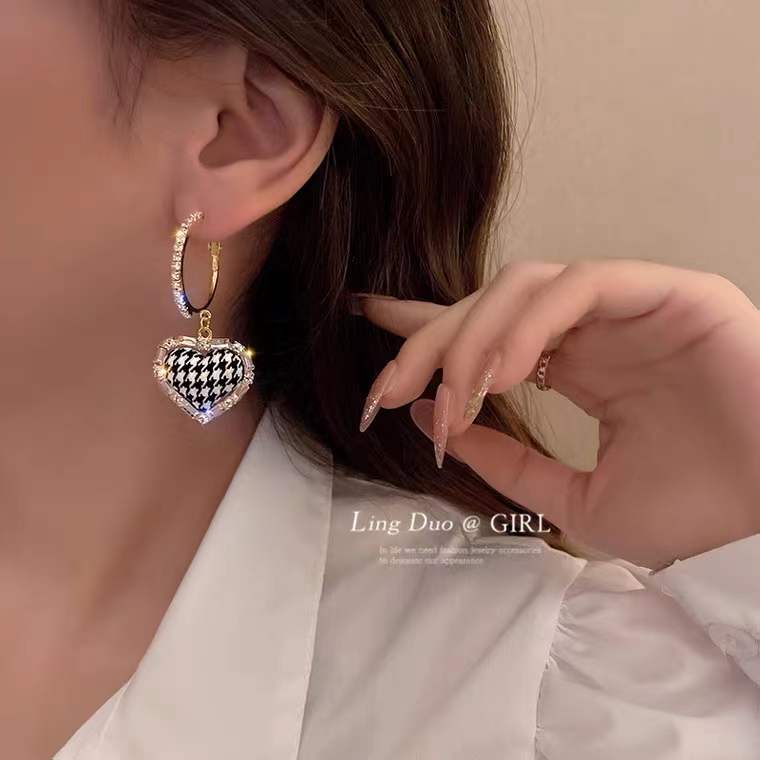 Houndstooth Heart Drop Earrings Women Party Wedding Jewelry Dangle Gifts