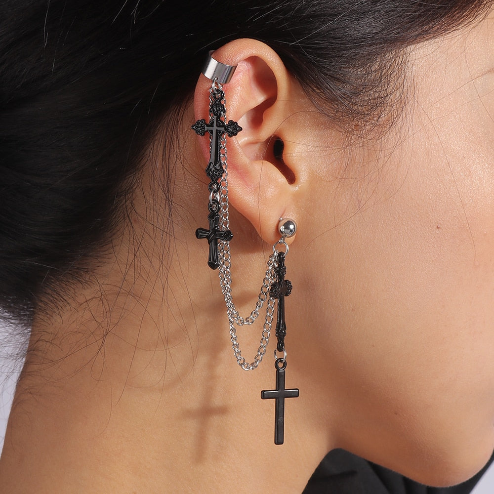 1Pc Four Black Cross Chain Stud Earrings Ear Cuff Trendy Women Fashion Earrings