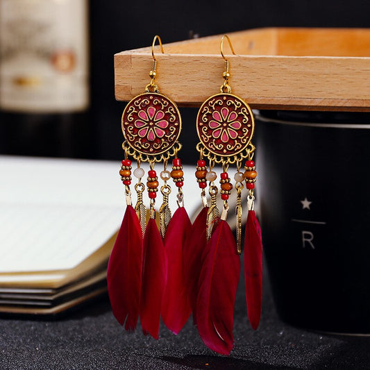 Red Flower Feather Dangle Earrings for Fashion Stylish Jewelry Drop Earrings