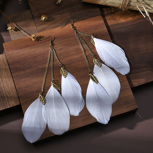 Long White Boho Ethnic Feather Tassel Drop Earrings Fashion Party Girls Pendant