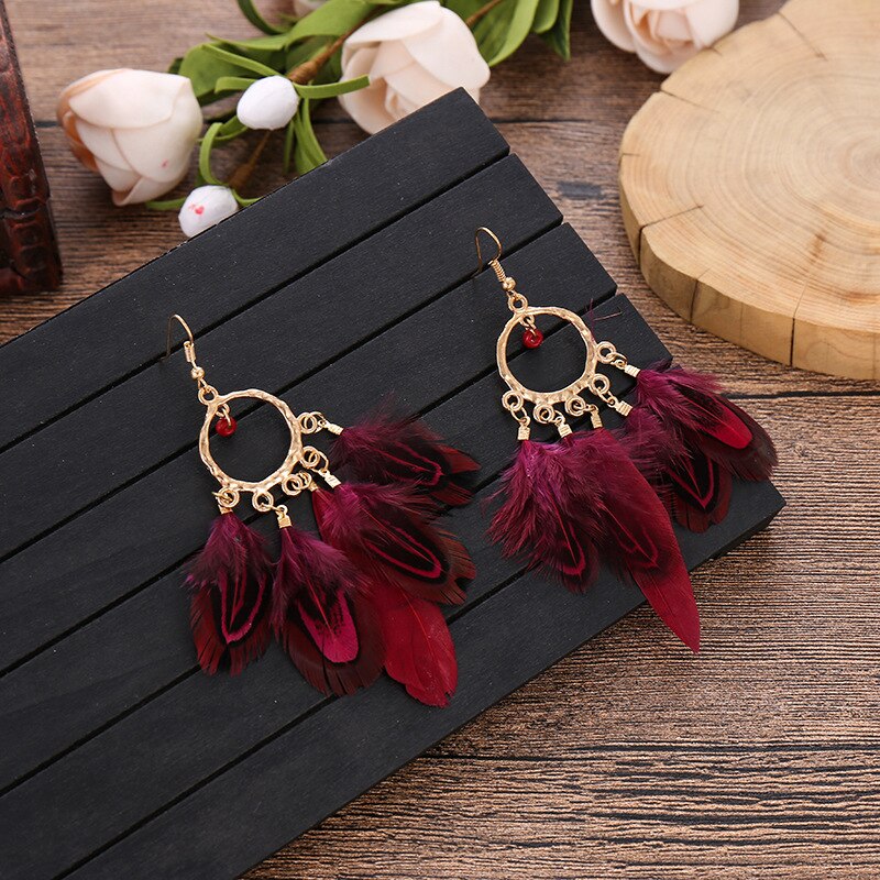 Long Burgundy Design Feathers Dangle Earrings for Fashion Stylish Jewelry Drop