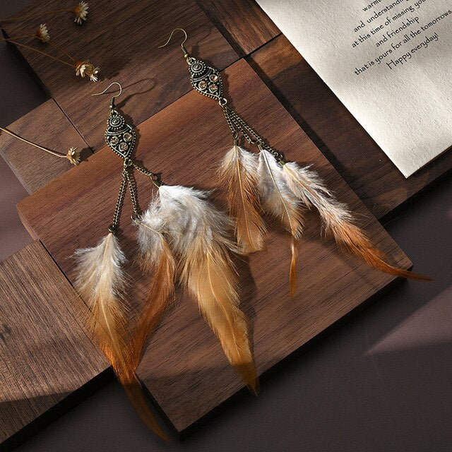 Long Brown Feathers Dangle Earrings for Fashion Stylish Jewelry Drop Earrings