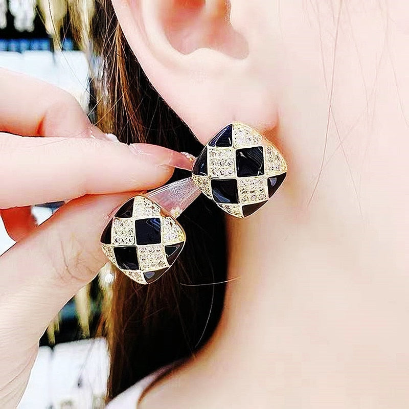 Rhinestone Plaid Geometric Pattern Studs Earrings Retro Woman Ear Accessories