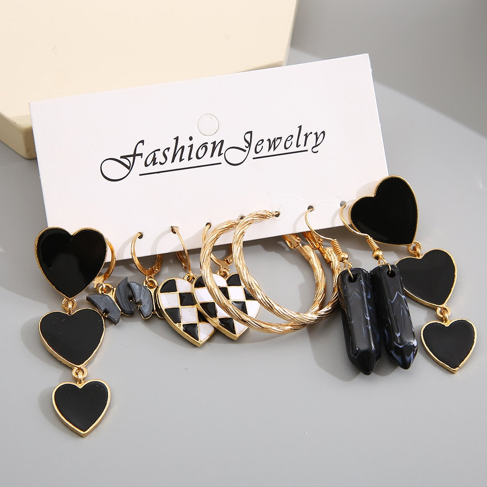 5 Pairs Black Hearts Hoop Drop Charm Earrings For Women Girl Fashion Modern