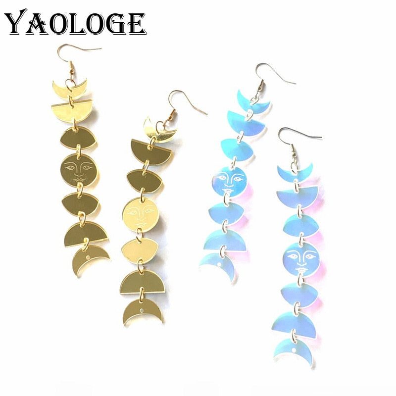 Acrylic 2-Color Long Tassel Moon Phase Drop Earrings Modern Women Stylish Gift