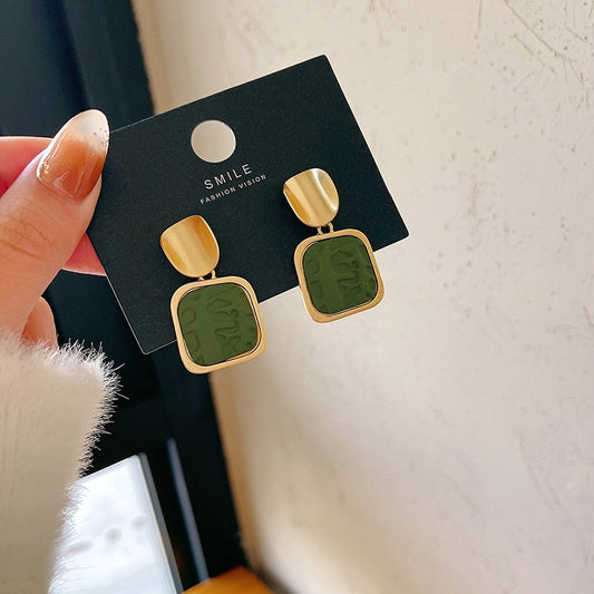 Green Square Dangle Earrings Women Fashion Modern Accessories Cute Stylish