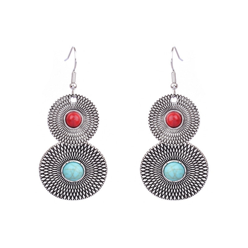 Textured Round Red Turquoise Dangling Drop Earrings Female Fashion Earrings