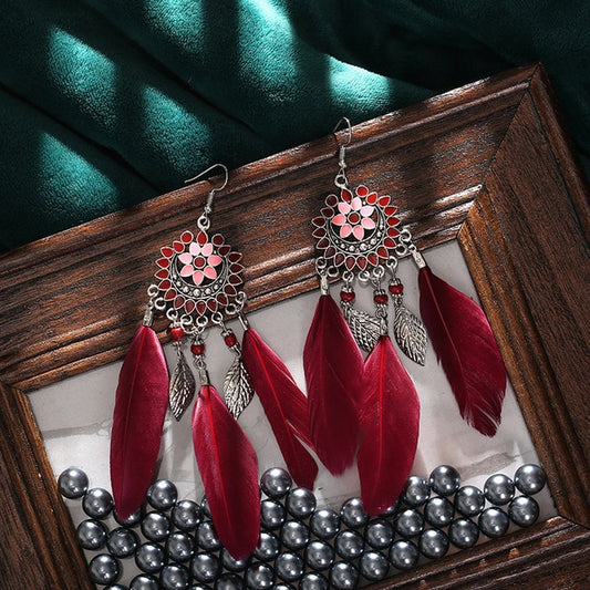 Burgundy Flower Boho Ethnic Feather Dangle Earrings Fashion Party Girls Pendant