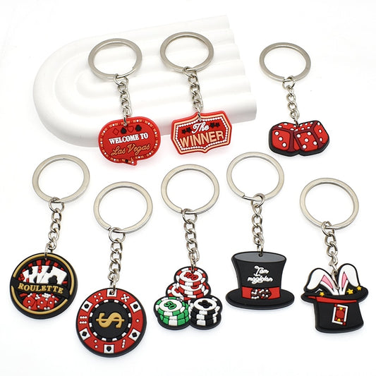 11 Styles Las Vegas Poker Casino Soft PVC Key Ring Keychain Pendant Retro Lucky