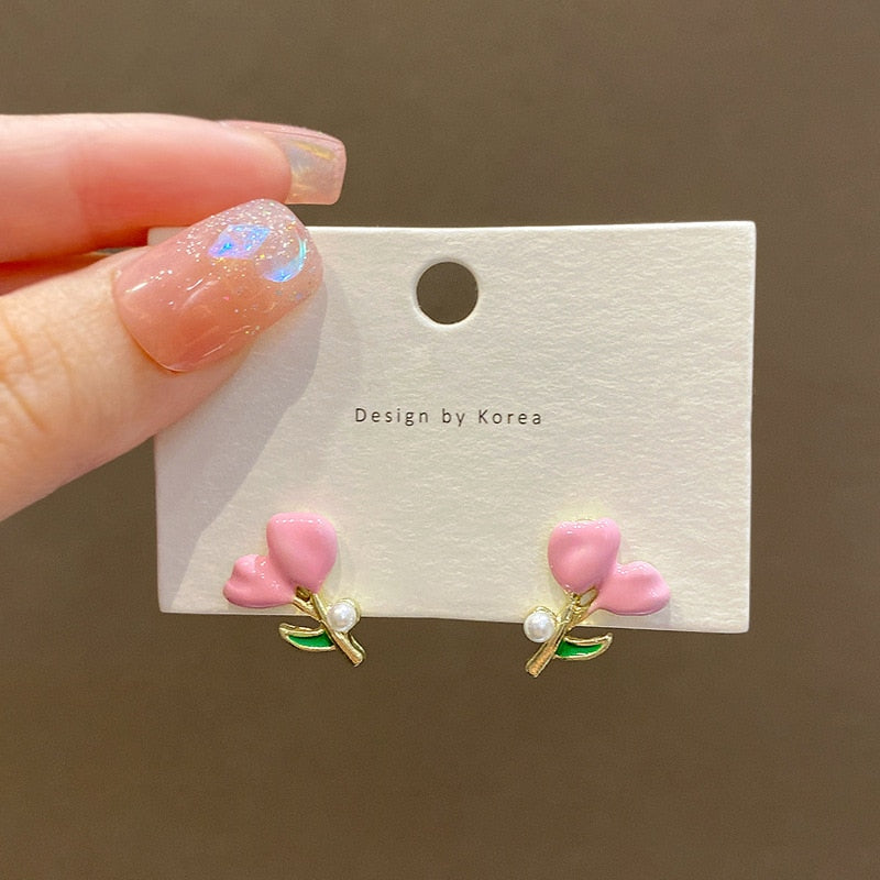 Baby Pink Tulip Stud Earrings Women Earrings Party Christmas Jewelry Gift