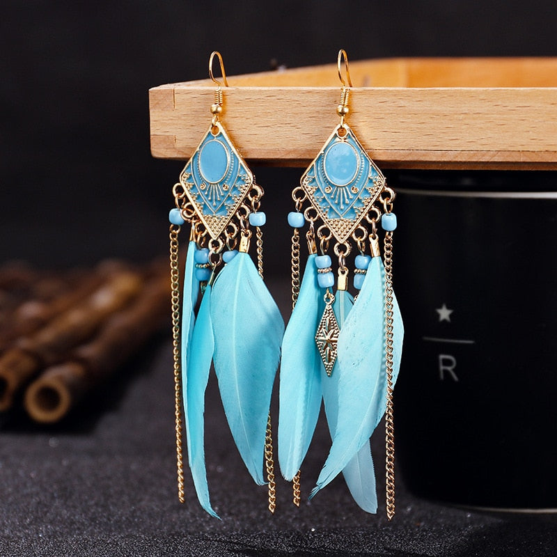 54 Styles Bohemian Long Feathers Tassel Dangle Earrings for Fashion Stylish