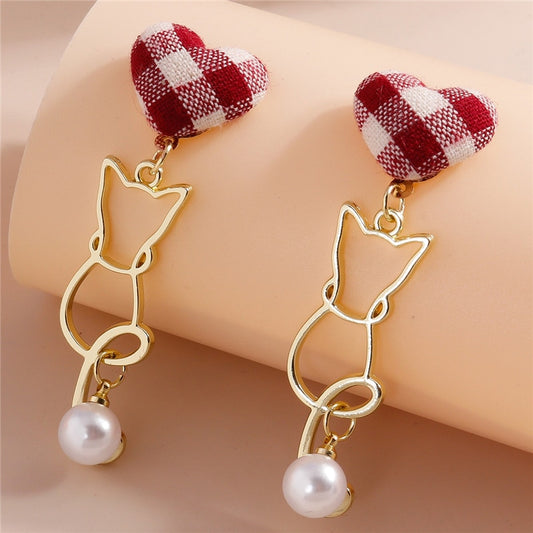 Plaid Heart Cat Drop Earrings Women Creativity Jewelry Cute Earring Girls Gift