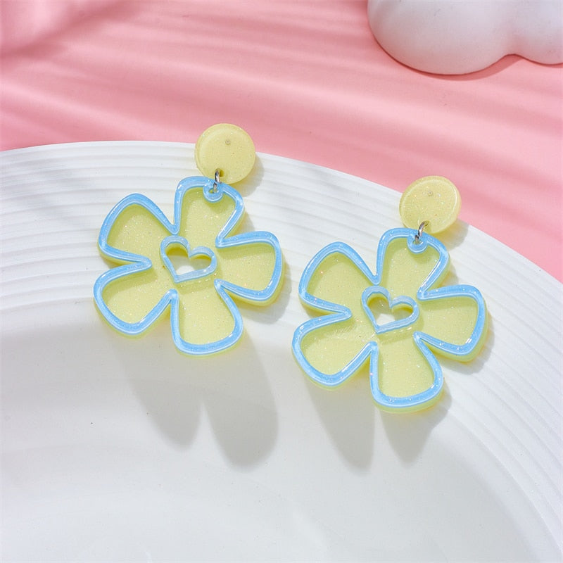 Lime Green Blue Flower Drop Earrings Female Travel Cartoon Earrings Creative Art