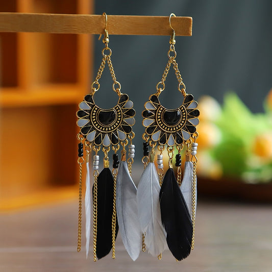 Black and Grey Boho Ethnic Feather Dangle Earrings Fashion Party Girls Pendant