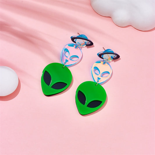 Green and Holographic Alien Drop Earrings Female Travel Cartoon Earrings