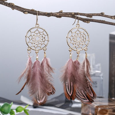 Boho Ethnic Dream Catcher Brown Feather Dangle Earrings Fashion Party Girls