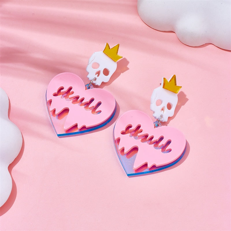 Pink Heart Skull Drop Earrings Female Travel Cartoon Earrings Creative Art