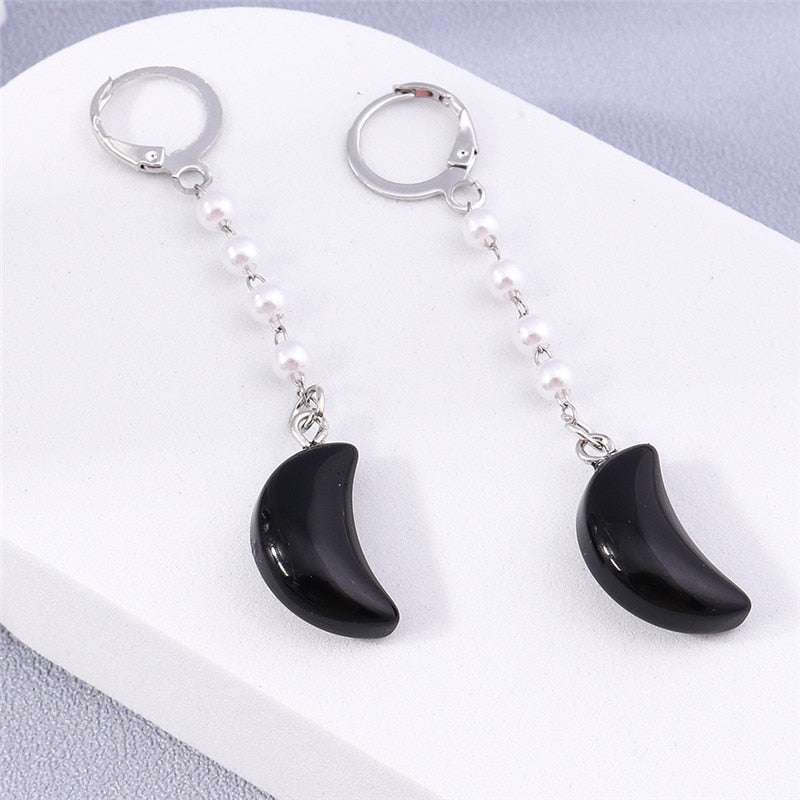 Black Stone Moon Shaped Drop Dangle Earrings Trendy Women Fashion Earrings