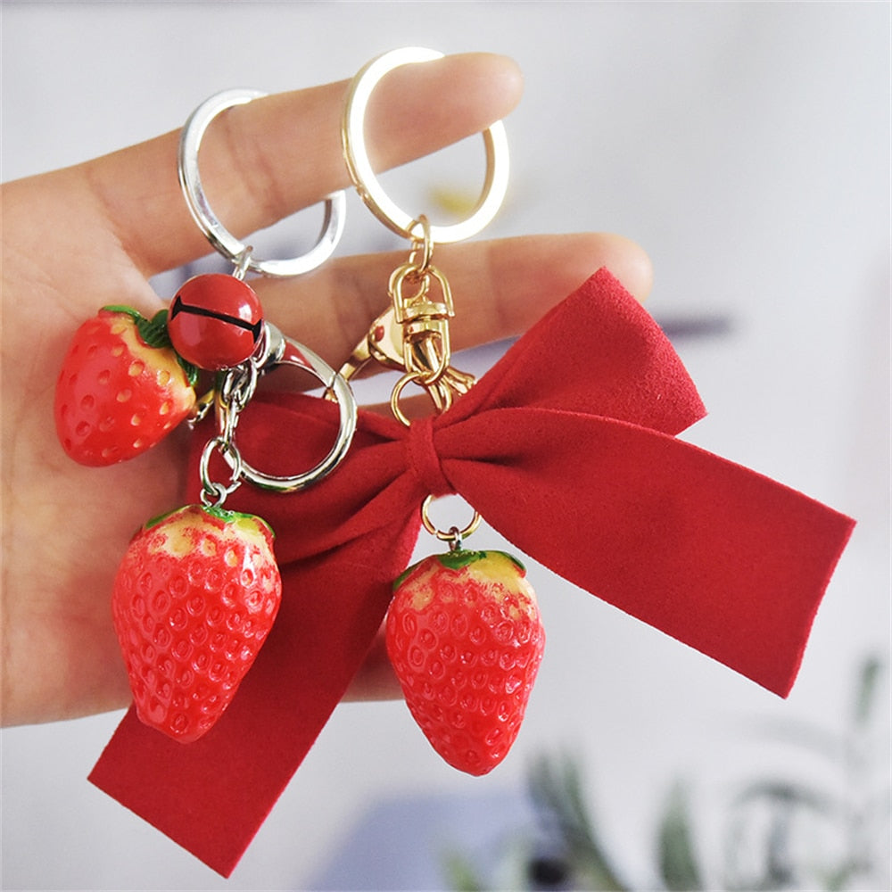 5 Styles Strawberry Pendant Keychain Keyring Bow Bell Heart Bag Ornaments