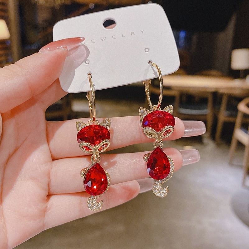 Red Crystal Cat Lady Cute Dangle Earrings for Women Jewelry Girls Earrings