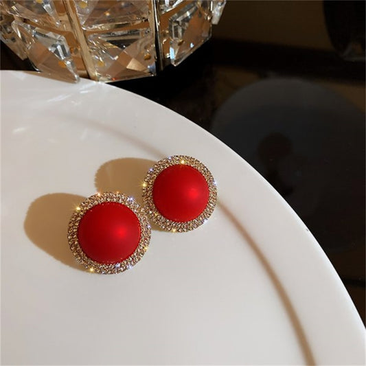 Pearl Red Rhinestone Stud Earrings For Women Girl Fashion Modern Jewelry Gift