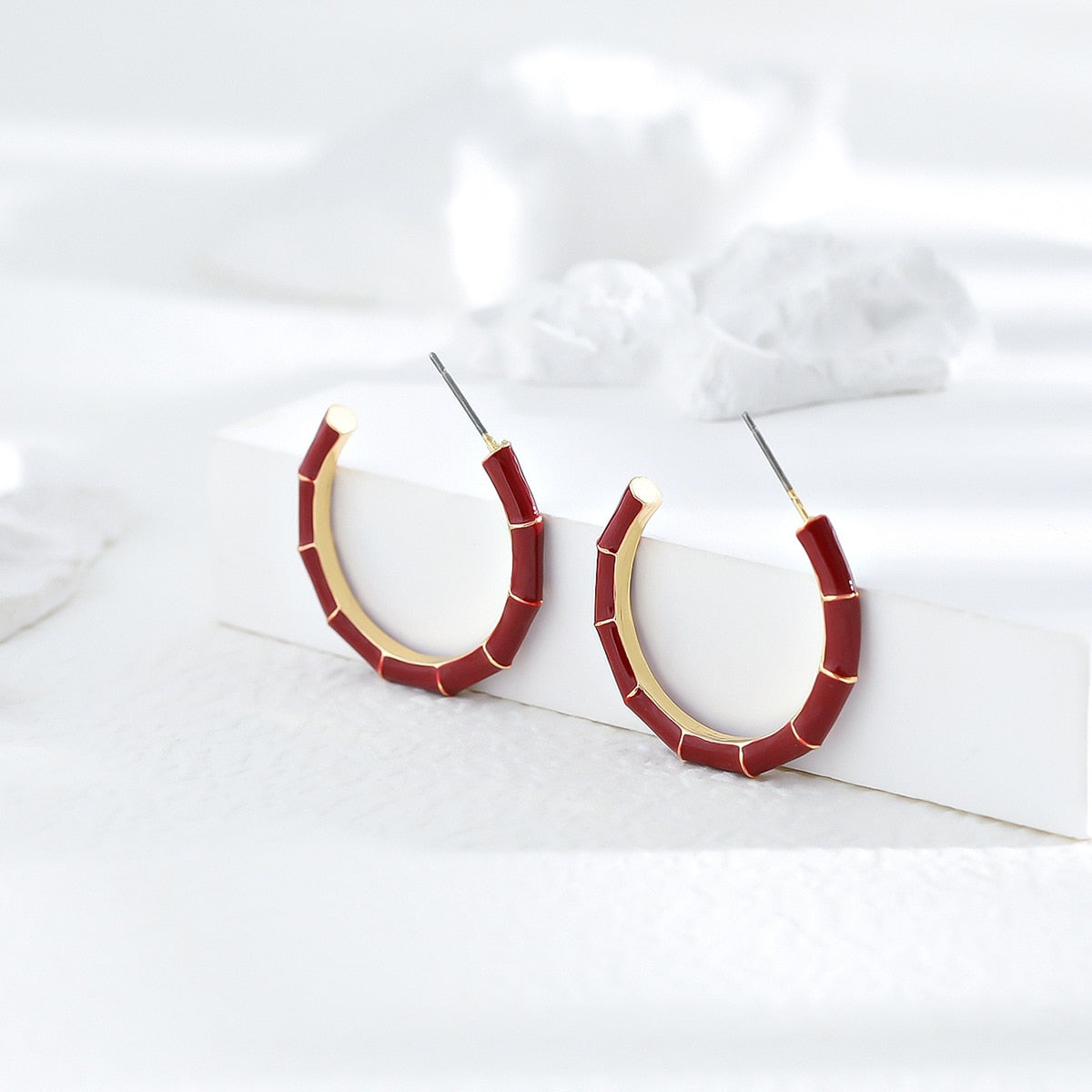 Burgundy Bamboo Style Hoop Earrings Hip Hop Women Party Gift Jewelry Ear Fashion