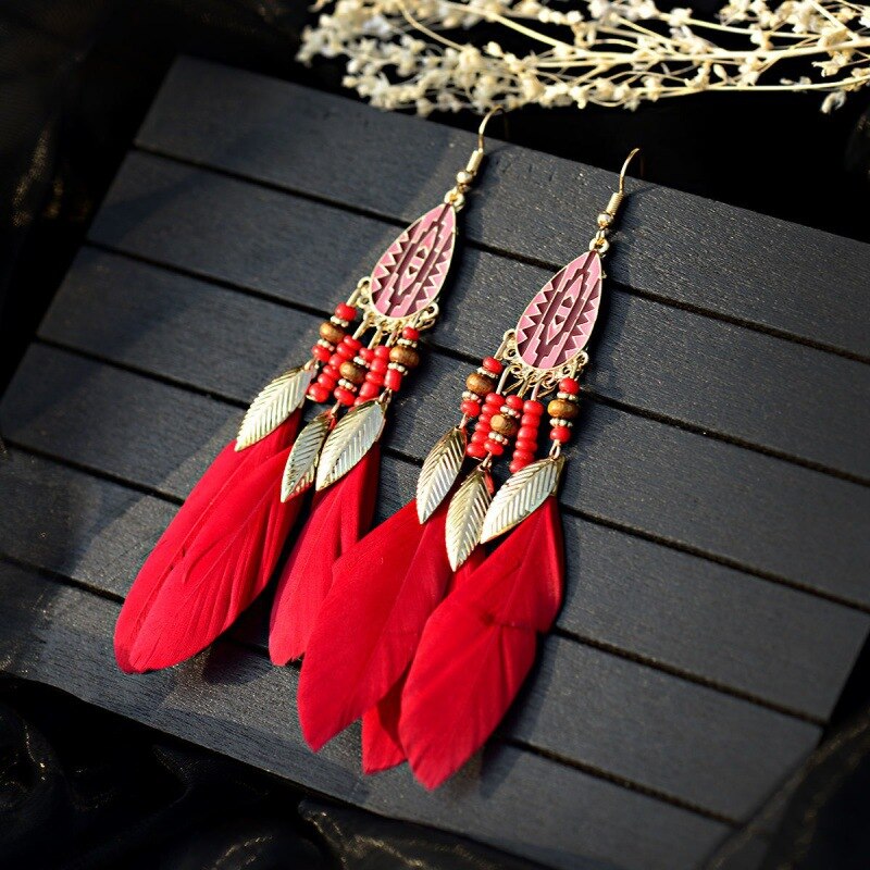 Beaded Red Feathers Dangle Earrings for Fashion Stylish Jewelry Drop Earrings