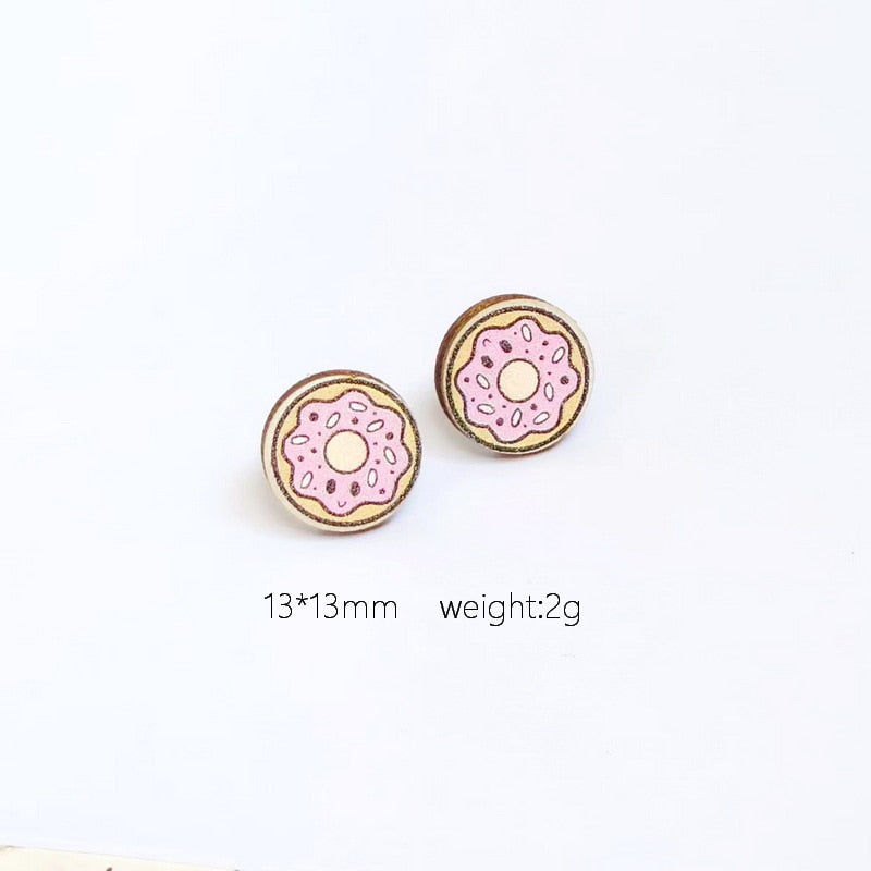 Donut Wooden Stud Earrings Trendy Women Fashion Earrings Jewelry Gift