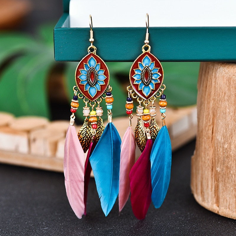 54 Styles Bohemian Long Feathers Tassel Dangle Earrings for Fashion Stylish