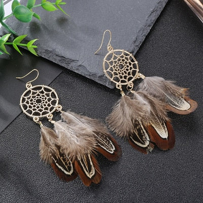 Brown Pattern Boho Ethnic Dream Catcher Feather Dangle Earrings Fashion Party