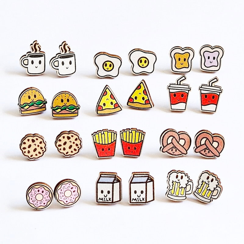 Pizza Slice Wooden Stud Earrings Trendy Women Fashion Earrings Jewelry Gift