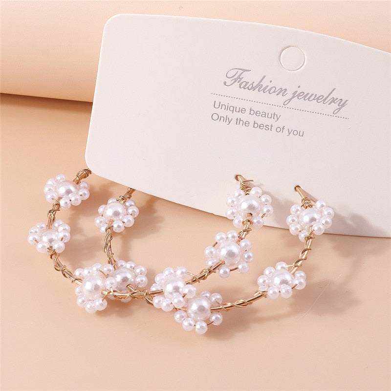 Flower Design Faux Pearl Large Hoop Earrings For Women Girl Fashion Modern