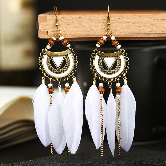 Geometric White Boho Ethnic Feather Dangle Earrings Fashion Party Girls Pendant