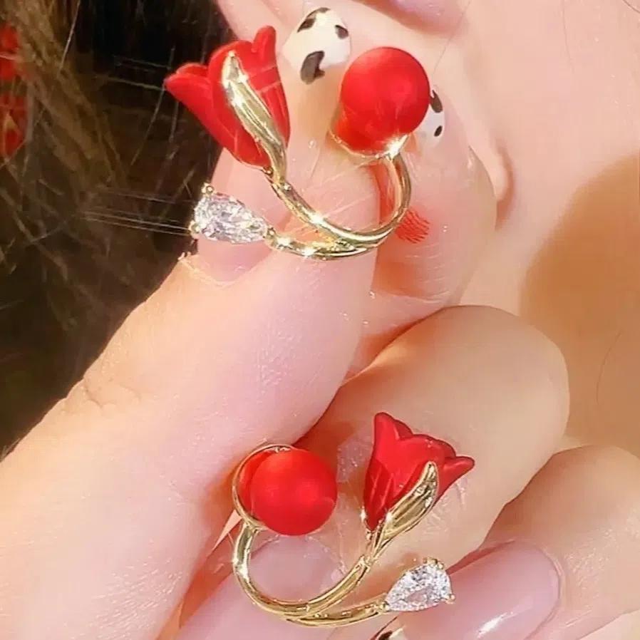 Red Flower Stud Earrings Women Earrings Party Christmas Jewelry Gift