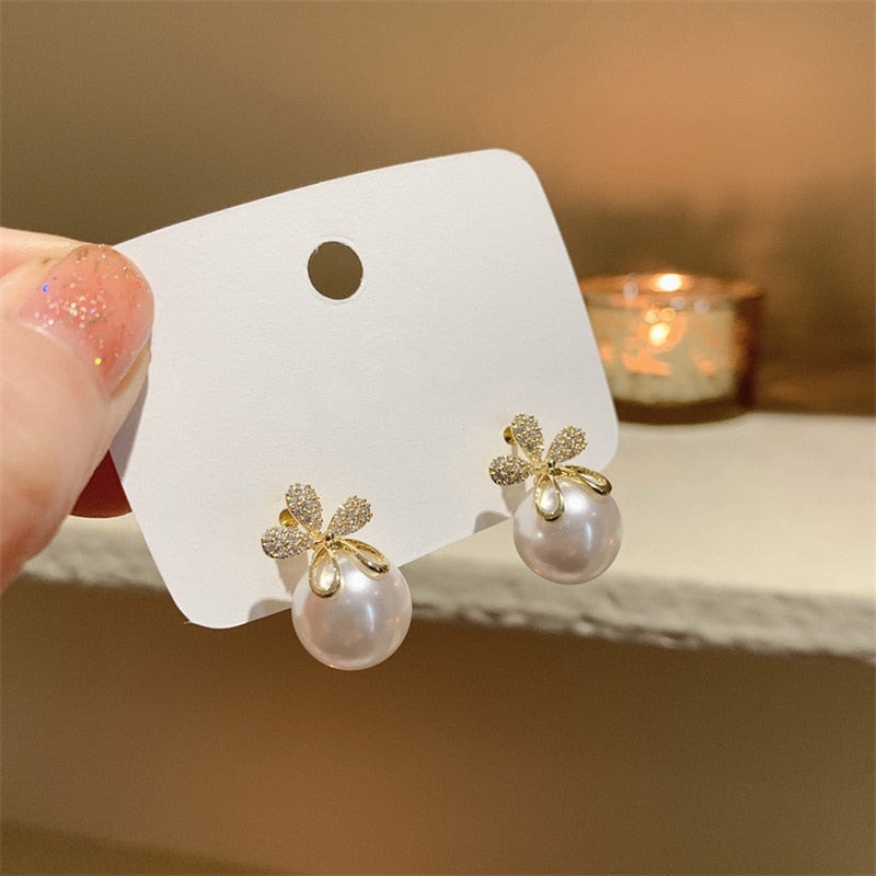 Flower Pearl Stud Earrings Women Party Wedding Jewelry Dangle Gifts Earrings