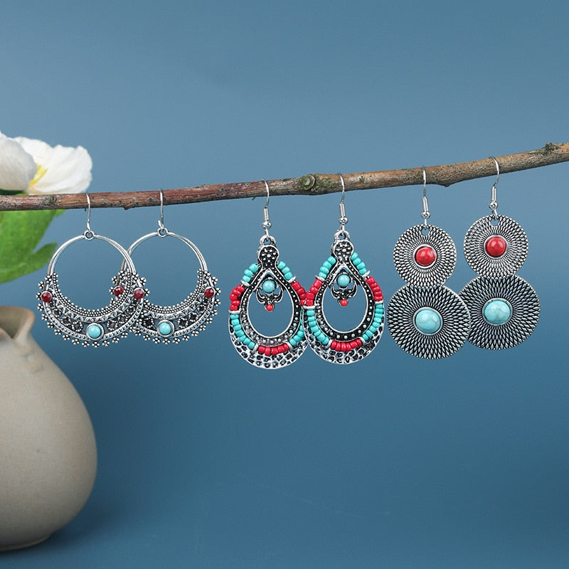Red Turquoise Beaded Dangling Drop Earrings Female Fashion Earrings Jewelry