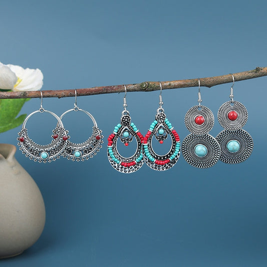 Textured Round Red Turquoise Dangling Drop Earrings Female Fashion Earrings