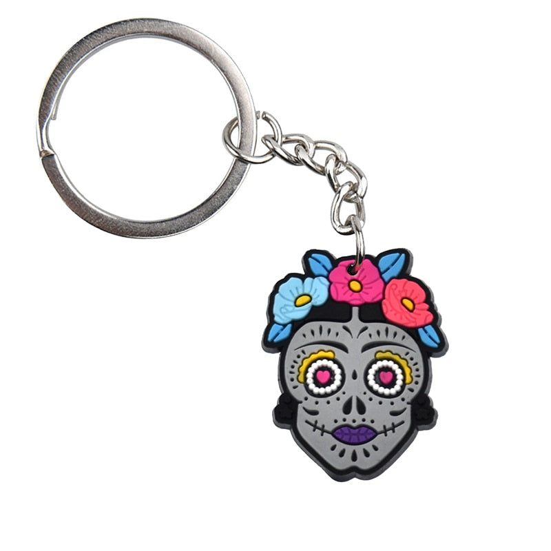 Grey Skull Mexican Day Of The Dead Keyring Cartoon Keychains Souvenir Jewelry