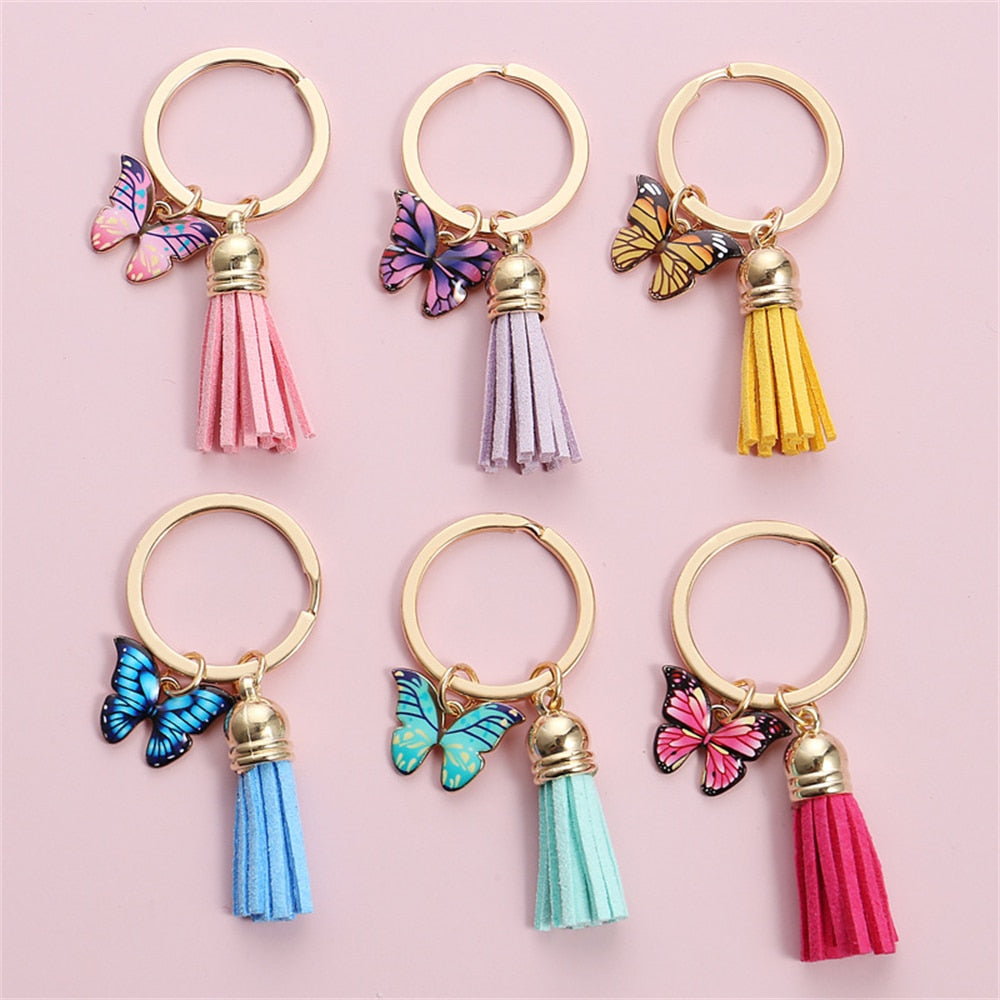 6 Styles Dripping Oil Butterfly Charms Keychain Tassel Girl Fashion Key Rings