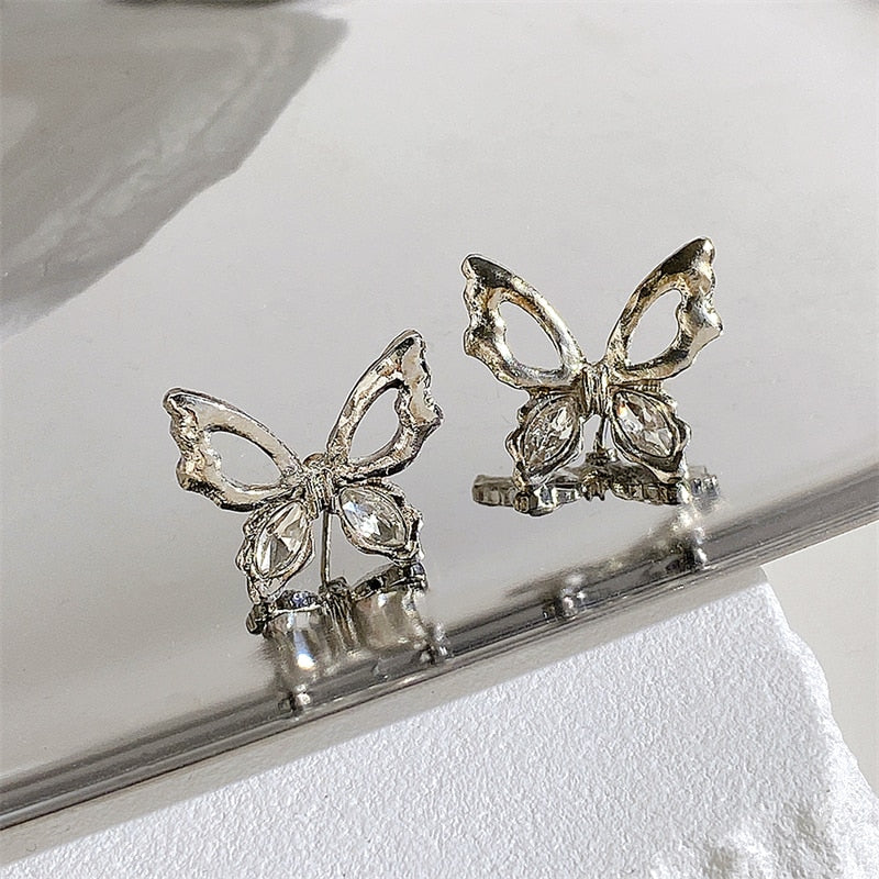 Silver-colored Butterfly Stud Earrings Women Hollow Earring Jewelry Accessories