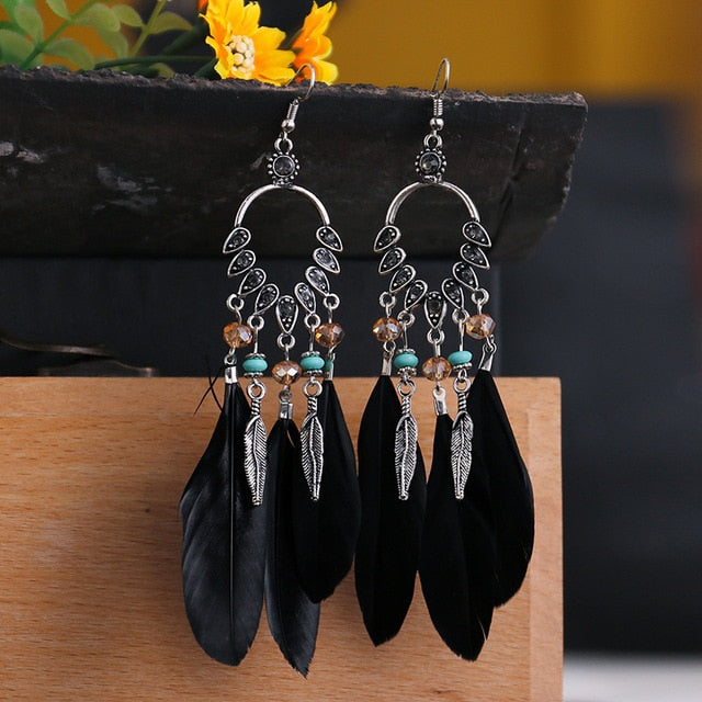 Boho Ethnic Black Feather Leaf Dangle Earrings Fashion Party Girls Pendant