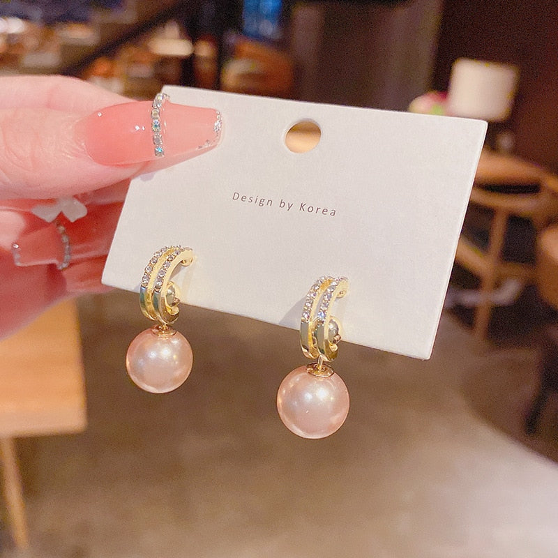 Pink Pearl Dangle Earrings Women Fashion Modern Accessories Cute Stylish Jewelry