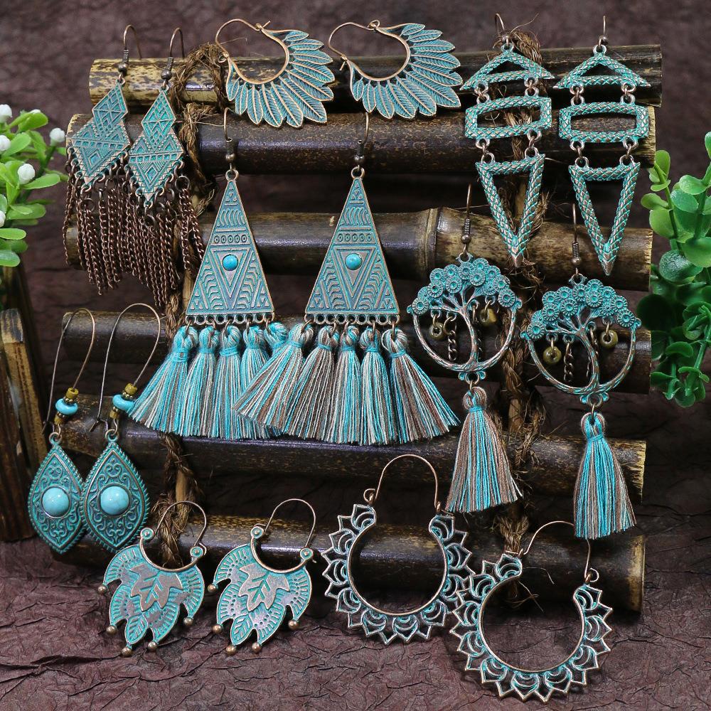 15 Styles Blue Vintage Geometric Boho Fringed Big Ethnic Dangle Earrings Women