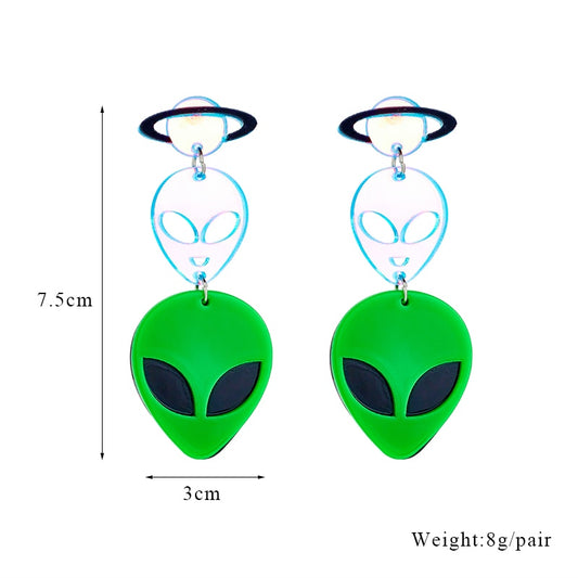 Green and Holographic Alien Drop Earrings Female Travel Cartoon Earrings